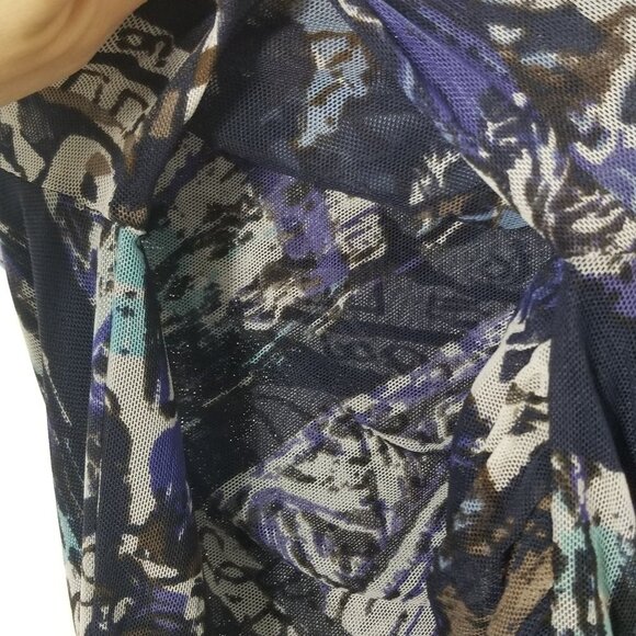 Tribal Sheer Arms Abstract Blue Brown Top 3/4 Sleeves Business Casual XSmall - Picture 5 of 10